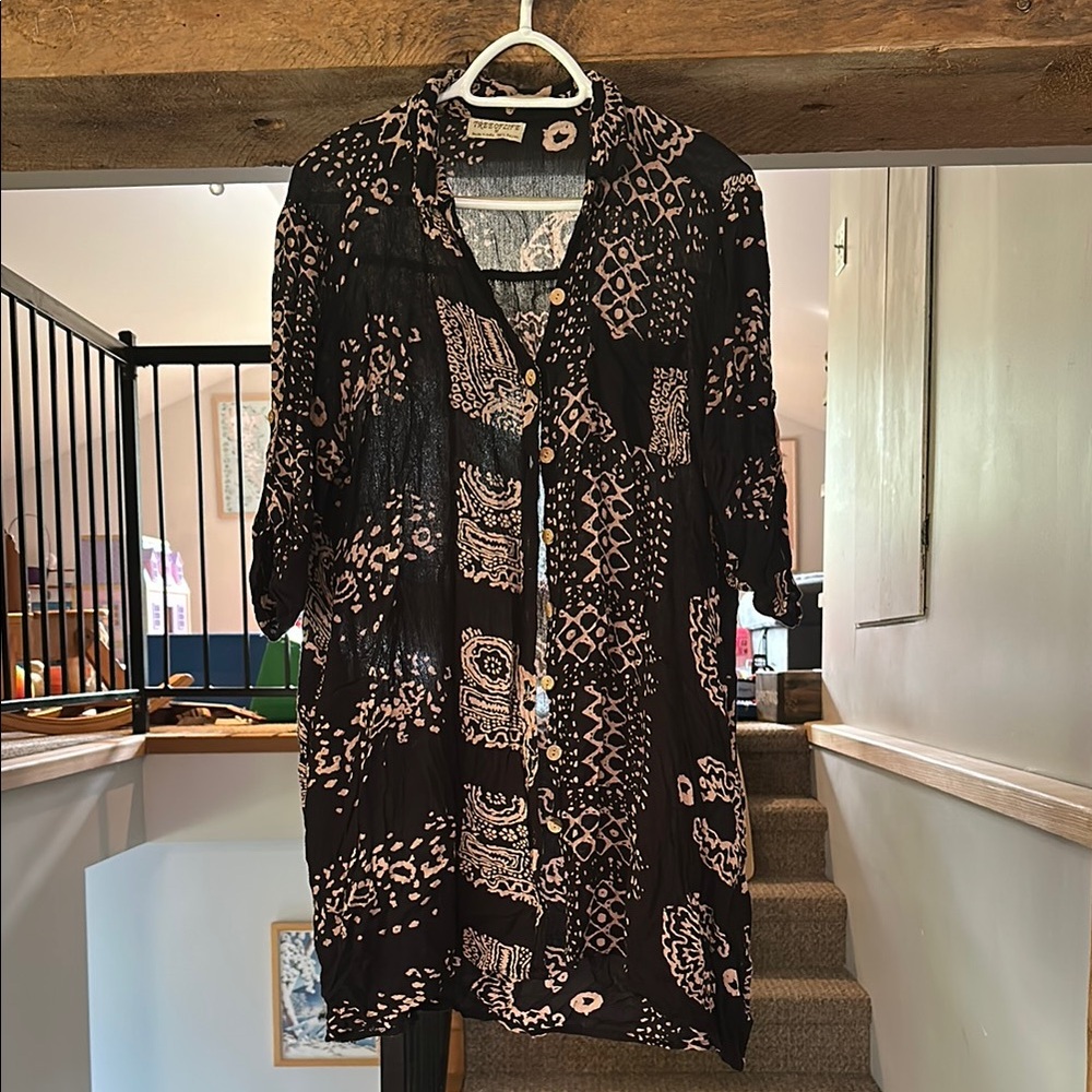 Tree of Life Black and Beige Rayon Button Down Shirt